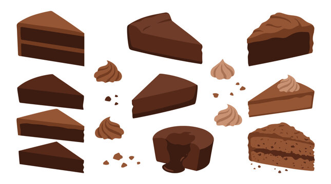 Set of chocolate cake slices and dessert portions, rich cocoa layers with frosting, culinary delight for bakery menu designs and pastry recipes