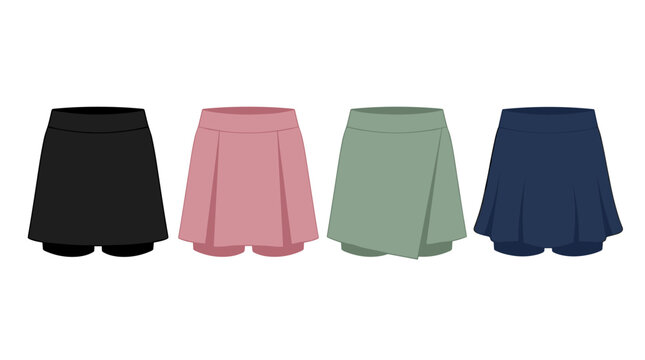 Set of four skirt apparel templates for fashion design, flat outline vector illustrations for clothing catalog, seasonal summer wear wardrobe