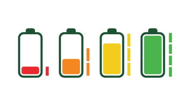 Set of four battery charging status indicators showing different power levels from low to full, energy management, charge capacity, progress bar