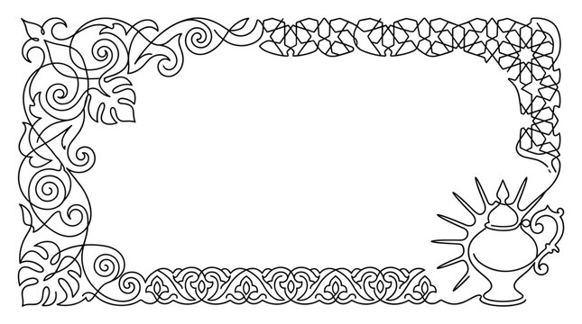 Continuous line art ornate border frame with swirling Celtic patterns and decorative sun motif, perfect for stationery, invitations, wedding cards