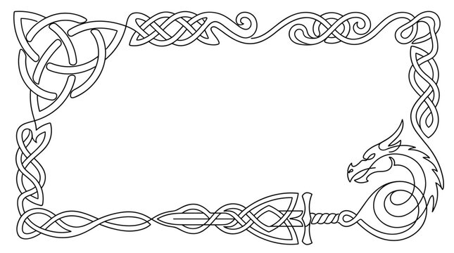 Continuous single line art frame featuring celtic knots and dragon motifs, ideal for medieval fantasy borders, invitations, scrolls, ancient