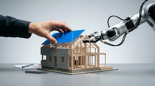 Futuristic Home Construction: A human hand and a robotic arm collaboratively assemble a model house.