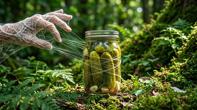 Hand wraps string around glass jar filled with pickles in forest