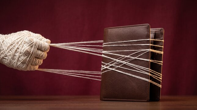 Hand pulling strings attached to a brown leather wallet conceptual photography