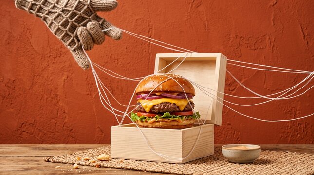 Burger being wrapped with string inside a wooden box studio setting