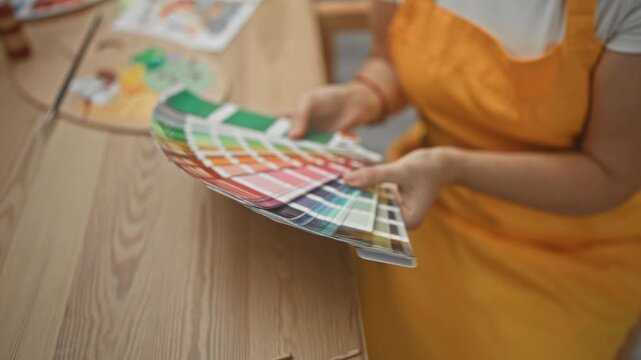 Woman painter, young brunette, holding a color fan with hands fanning paint swatches over a studio table; focused creativity.