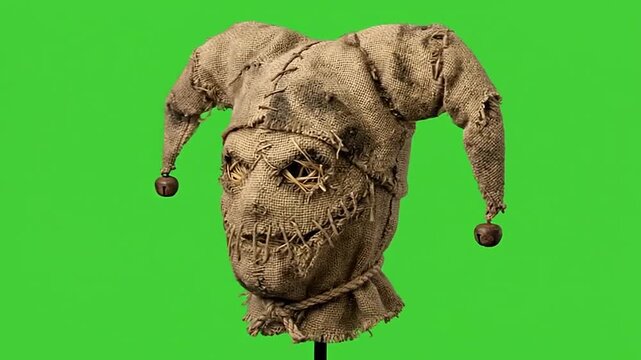 Scary burlap jester mask collection isolated on green screen