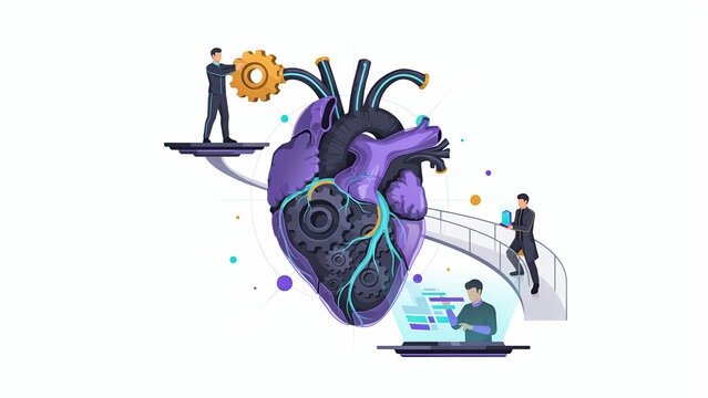 Flat vector illustration of a digital heart with mechanical gears managed by tiny business people