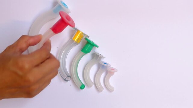 Set of colorful oropharyngeal airway tubes in different sizes arranged on white background, medical equipment for airway management