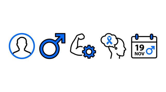 A series of icons representing men, health, strength, awareness, and a calendar date.