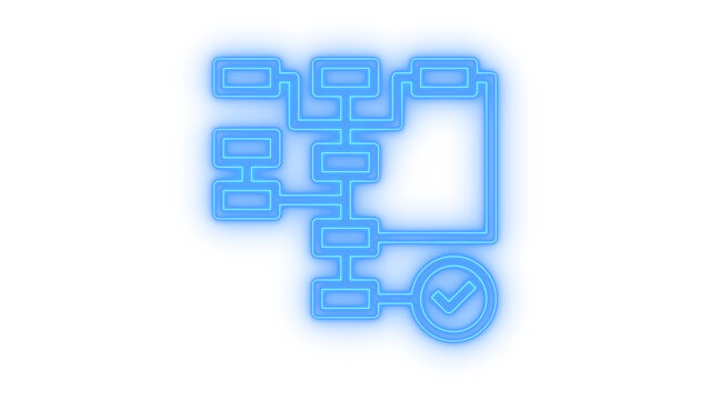 Colorful neon icon of a workflow flowchart algorithm diagram with a checkmark tick representing a completed business process isolated on transparent background