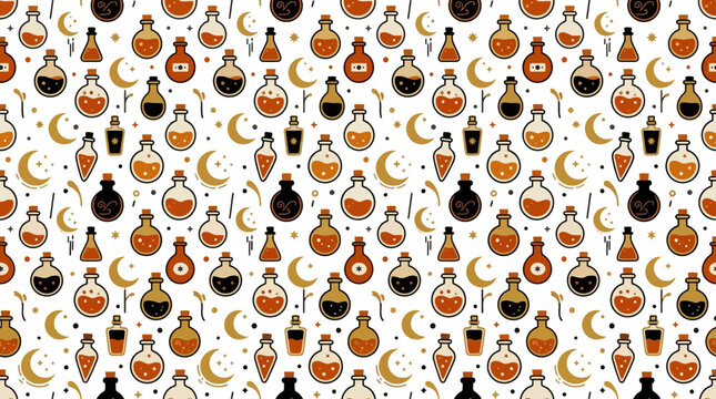Seamless Pattern of Magic Potions and Celestial Moons