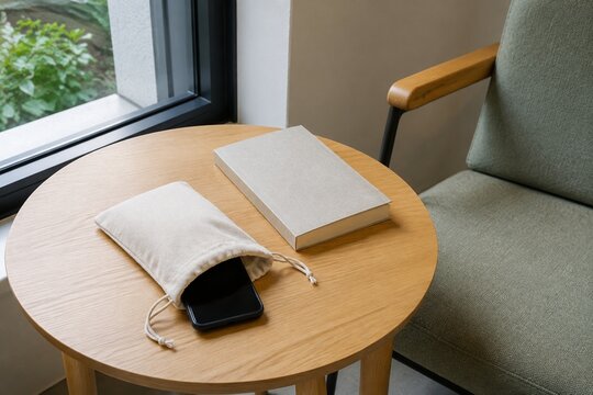 スマートフォンを布袋にしまった窓辺の読書スペース