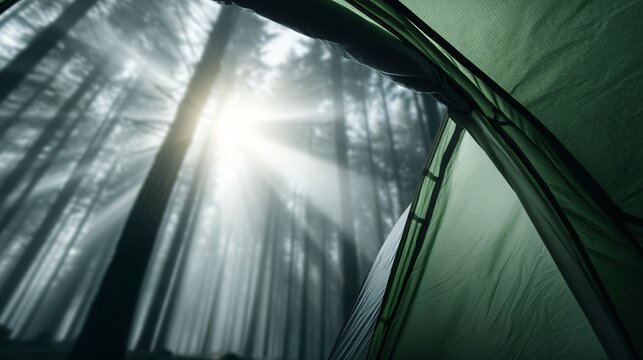 spring outdoor lifestyle, camping in green forest, morning mist, cinematic travel photography