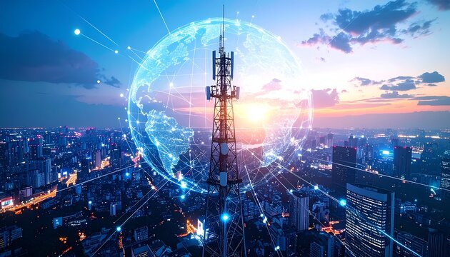 Modern telecommunications tower rising above a city with a glowing digital globe and connected pathways, representing wireless communication, network expansion, 5G, and digital transformation.