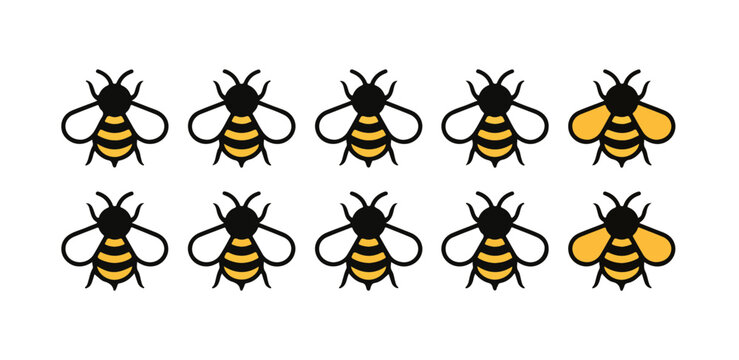 Cartoon bee icons with black stroke and yellow body for honey packaging design.