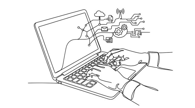 Hands Typing on Laptop with Digital Data and Cloud Icons in Line Art Style