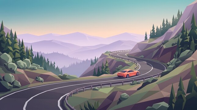 Coral sports car navigates a winding mountain road in a vector landscape