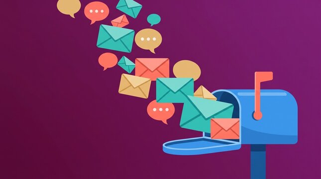 Blue mailbox overflowing with letters and message bubbles vector illustration