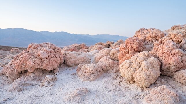 Mineral formations rest on a salt flat with mountains in the distance