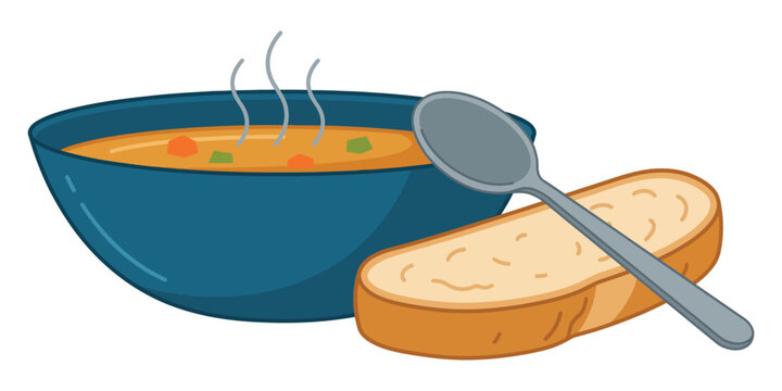 Bowl of vegetable soup with bread and spoon vector illustration