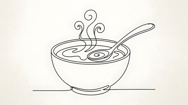Minimalist Line Drawing of Steaming Hot Soup Bowl with Spoon on White Background