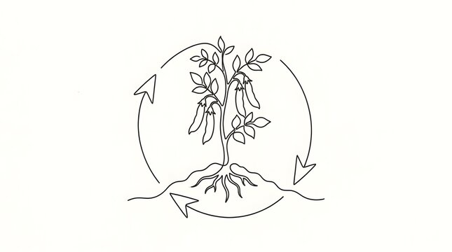 Minimalist Tree Growth Illustration with Circular Arrows in Black Line Art