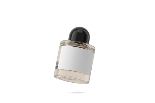 Round black cap premium clear Perfume Bottle with blank label different angles set isolated on a transparent white background 3d rendering
