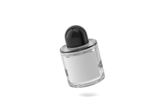 Round black cap premium clear Perfume Bottle with blank label different angles set isolated on a transparent white background 3d rendering