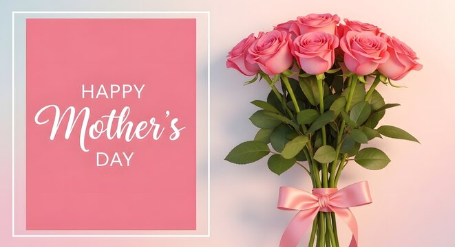 Happy mothers day greeting card with beautiful pink roses bouquet