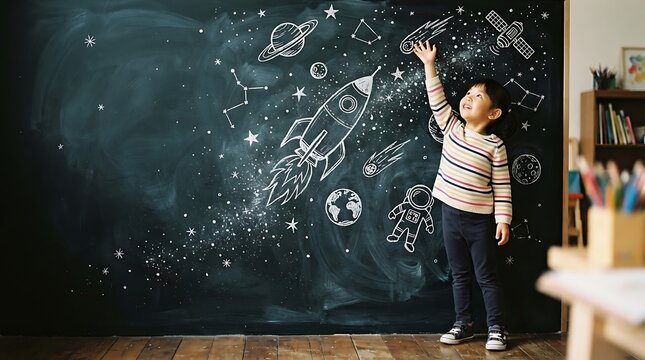Little boy pointing at rocket drawing on a blackboard in a classroom