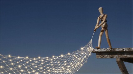 Fototapeta premium Wooden figure stands on platform, casting light net into deep blue sky.