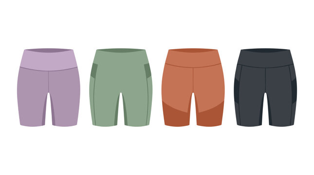 Set of four athletic cycling shorts in varied earth tones, flat vector apparel templates for sportswear design, activewear fashion, clothing