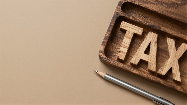 Wooden TAX letters on tray, pen nearby. Simple, professional financial imagery.