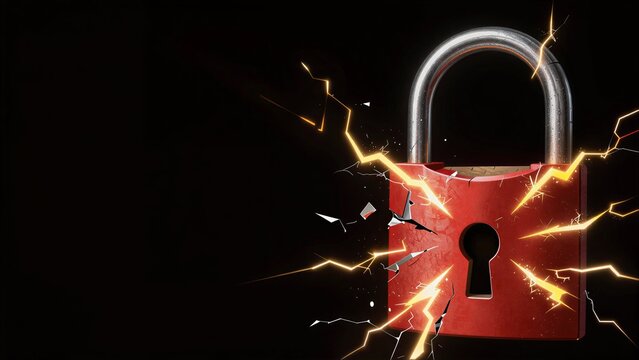 Red padlock shatters with electric sparks, symbolizing security breach or power surge.