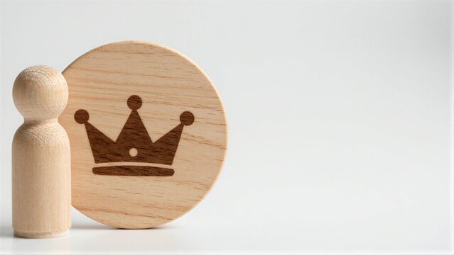 Wooden figure stands beside a circular plaque with a carved crown symbol.