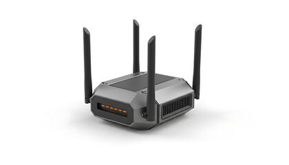 Fototapeta premium A modern wireless internet router with four external antennas sits against a white.
