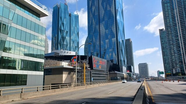 Gardiner Expressway and Toronto Downtown View on Sunny Day