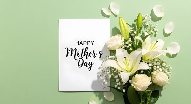 Happy mothers day card with beautiful white flowers bouquet