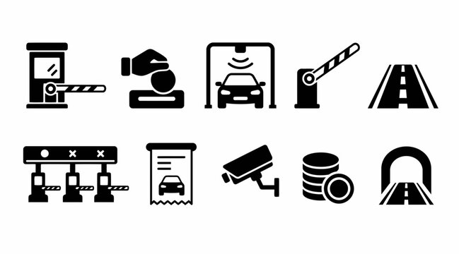 Transportation infrastructure and toll gate icon set.