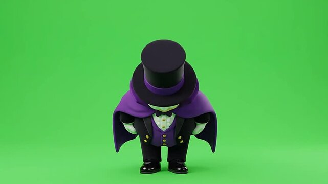 3d cute magician character in purple cape bowing on green screen
