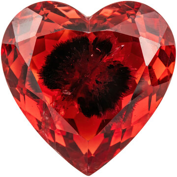 Faceted red heart shaped gemstone with a dark internal inclusion pattern isolated on a transparent background