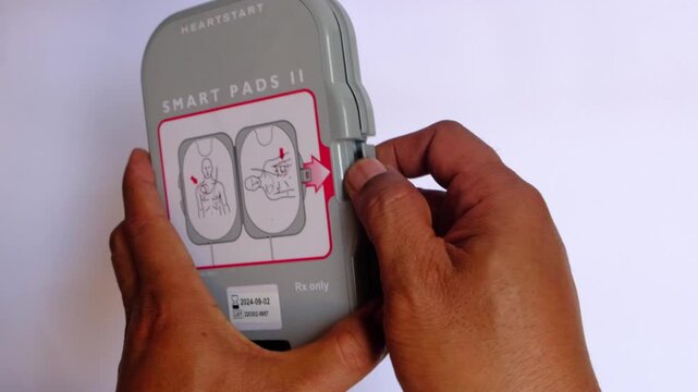 Close up of hands opening an AED smart pad package, automated external defibrillator pads, emergency medical equipment preparation