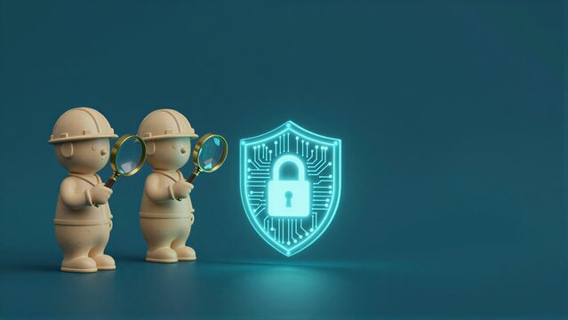 Two figures inspect a digital shield, symbolizing cybersecurity protection.
