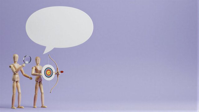 Two wooden figures discuss strategy with a target and magnifying glass.