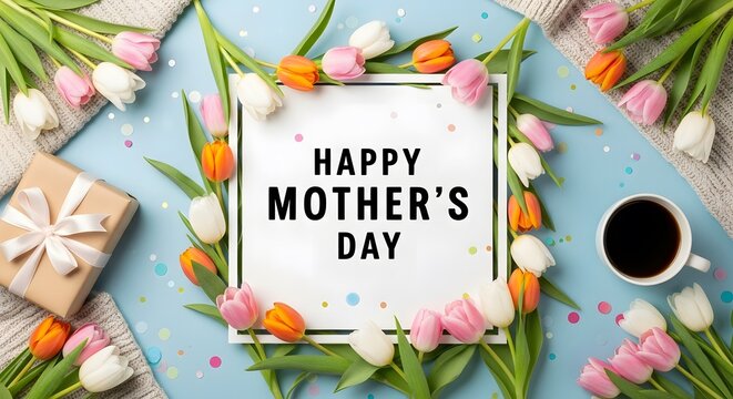 Happy mothers day celebration with flowers and gift