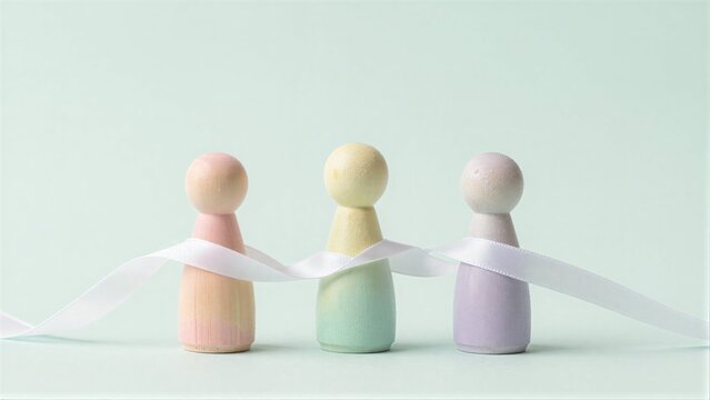Three pastel wooden figures linked by a white ribbon, symbolizing unity and connection.