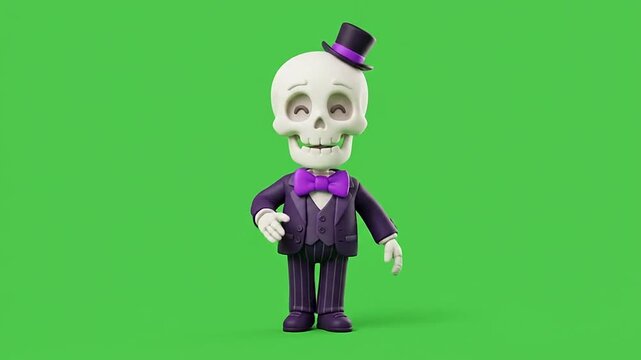 Cartoon skeleton in purple suit walking and waving on green screen