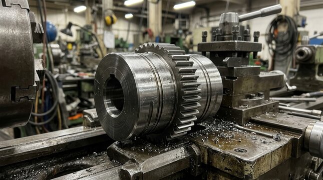 Close-up of metal gears and machinery on a lathe in a workshop, highlighting precision engineering and manufacturing processes.