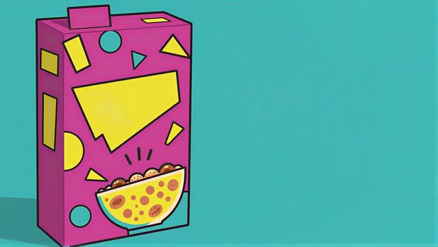 Colorful cereal box with geometric shapes, vibrant pink and yellow design on teal background.